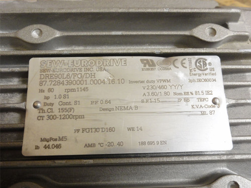 SEW DRE90L6/FG/DH; AC Motor; 1HP; 230/460V; 1145RPM; 3PH; 60HZ