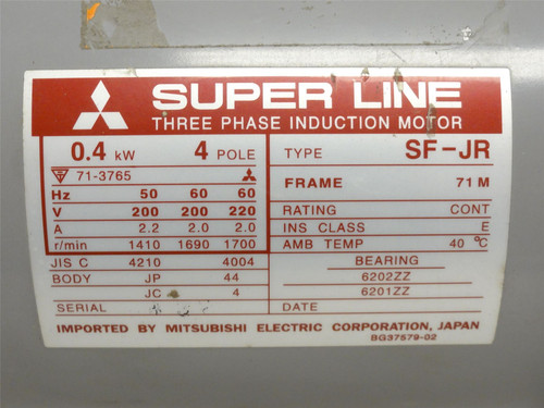 Mitsubishi SF-JR-1/2HP-4P; AC Motor;1/2HP; 220V; 1700RPM; 3PH