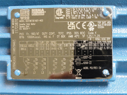 WEG 00318ET3E182T-W22; Motor; 3HP; 230/460VAC; 1800RPM; 3PH