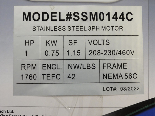 Keltech SSM0144C; Wired Motor SS 1HP; 208-230/460VAC; 1760RPM