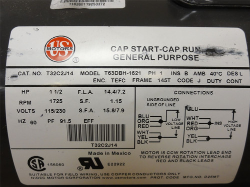 US Motors T32C2J14; AC Motor T63DBH-1621; 1-1/2HP 115/230V