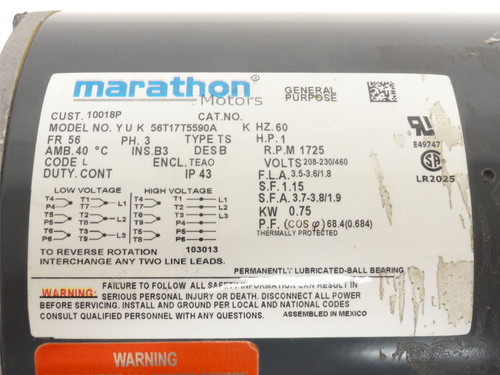 Marathon 56T17T5590A; AC Fan Motor 10018P 1HP; 230/460V