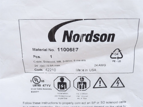 Nordson 1100687; Female Connector Cable; 3-Wire; 5m Long; M8