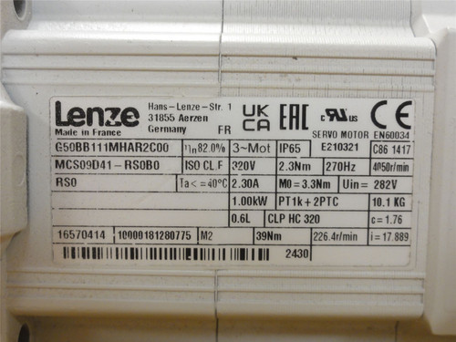 Lenze G50BB111MHAR2C00; Servo-Gear Motor; 17.88:1 Ratio; 1kW