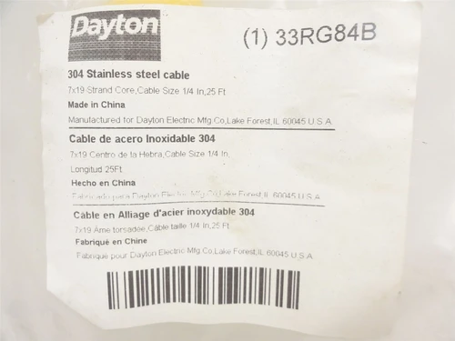 Industry-Std 33RG84; Wire Rope SS Strand 7 x 19; 1/4"OD 25ft