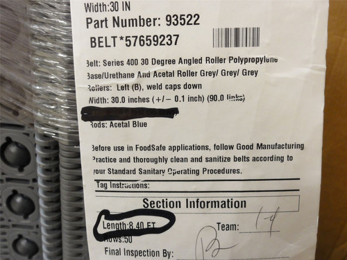 Intralox S400-30-8.4; Angled Roller Belt 30Deg 30"W x 8.4'L