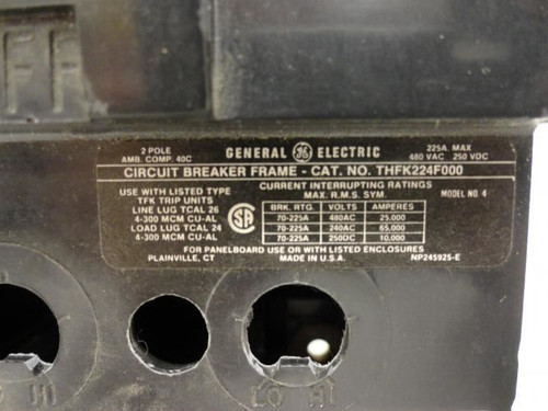 GE THFK224F000; Circuit Breaker Frame 225A; 2P; 480VAC