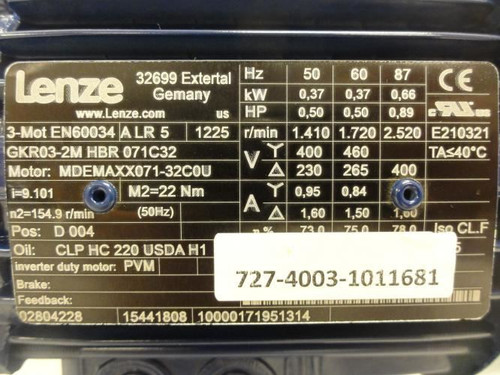 Lenze GKR03-2M-HBR-071C32; Motor-Gearbox; 0.37kW; 460V