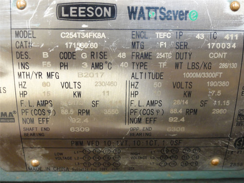 Leeson 171586.6; Motor; 15HP; 230/460VAC; 3550RPM; 3PH