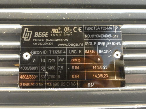 Bege T132M1-4; Brake-Motor; 9Kw; 480/830VAC; 1760RPM; 3PH
