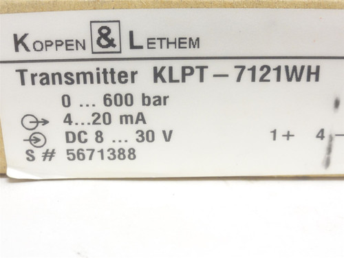 Koppen-Lethem KLPT-7121WH; Pressure Transmitter; SS; 600BAR