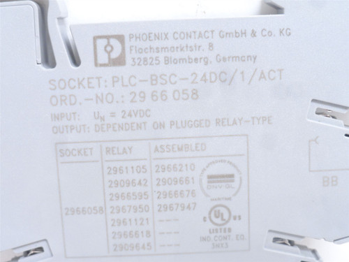 Phoenix PLC-BSC-24DC/1/ACT; Relay Base 2966058; 24VDC