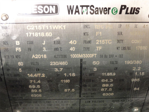 Leeson 171818.6; AC Motor C215T11WK1; 5HP 230/460VAC 1180RPM