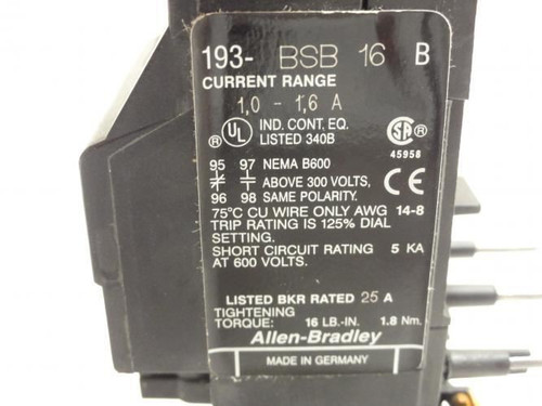 Allen-Bradley 193-BSB 16; Overload Relay; 1.0-1.6A; 3P; 600V
