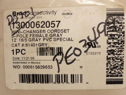 Woodhead 1300062057; Cordset # 61401GRY; 5-Pin; 12' Long