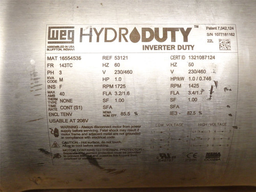 WEG 16554535; AC Motor; 1HP; 230/460V; 1725RPM; 3PH; 60Hz