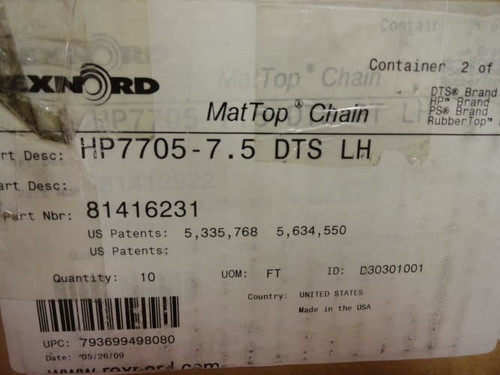 Rexnord HP7705-6- DTS LH; MatTop Chain 81416231 10ft x 7-1/2"W