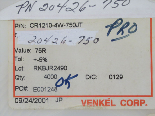 Venkel CR1210-4W-750JT-3300; Lot-3300 Chip Resistor; 75ohm