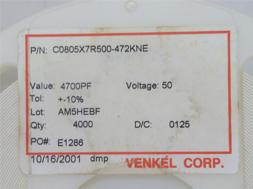 Venkel C0805X7R500-472KNE; Lot-3700 Ceramic Capacitor 4700pF