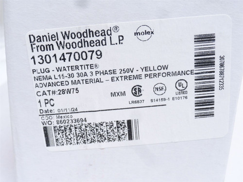 Woodhead 1301470079; Watertight Locking Plug 30A; 3PH; 250VAC