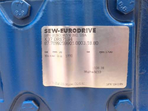 SEW K37DRS71S4; AC Gear Motor; 106:1 Ratio; 1/2HP; 230/460V