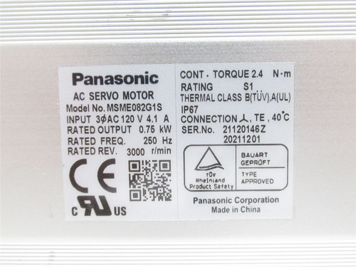 Panasonic MSME082G1S; Servomotor; 0.75kW; 120VAC; 3000RPM 3PH
