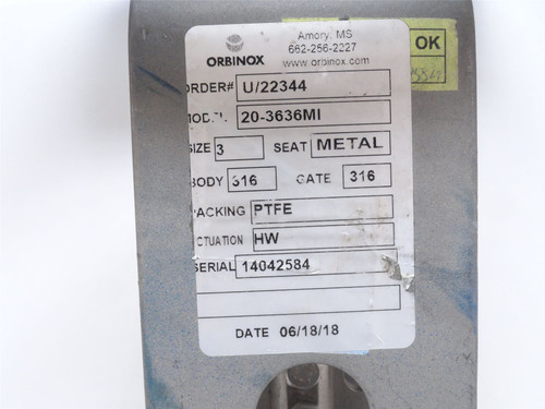 Orbinox 20-3636MI-3; Knife Gate Valve; SS-316; Size: 3"