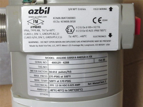 Azbil AX2200-100SFA-R4D1ASX-XX; Vortex Flow Meter; 12-36VDC
