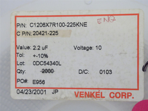 Venkel C1206X7R100-225KNE; Lot-1600 Chip Capacitor 2.2uF; 10V