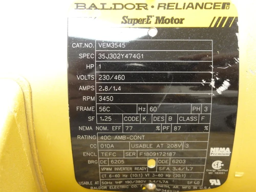 Baldor VEM3545; Motor; 1HP; 230/460VAC; 3450RPM; 3PH; 60HZ