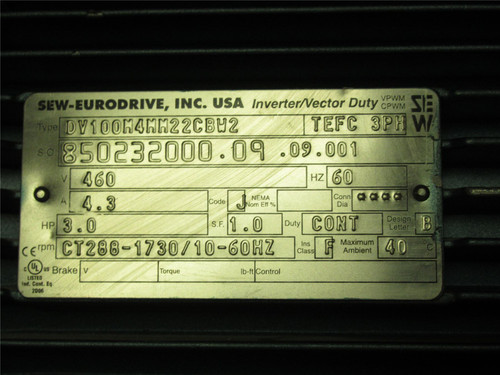 SEW-Eurodrive DV100M4MM22CBW2; Motor W/ Drive Inverter; 3HP