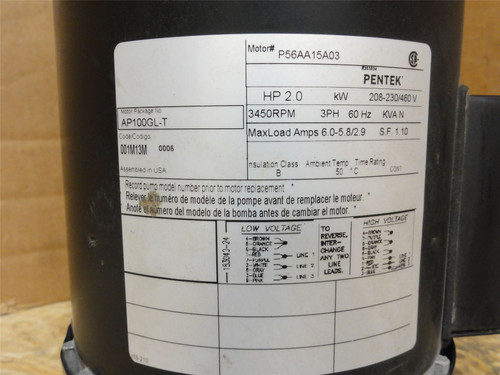 Pentek P56AA15A03; HVAC Motor 2HP; 208-230/460VAC; 3450RPM