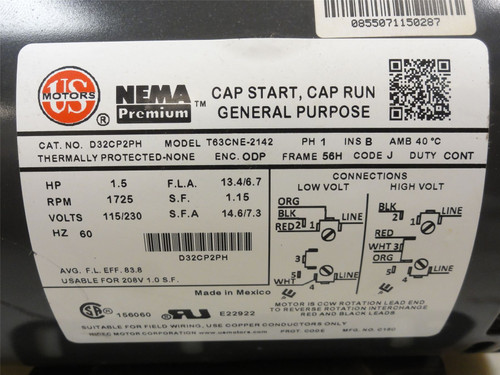 US Motors D32CP2PH; Motor 1-1/2HP 115/230VAC; 1725RPM; 1Ph