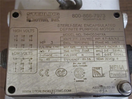 Sterling THH0034???; AC Motor; 3HP; 230/460V; 1760RPM; 3PH