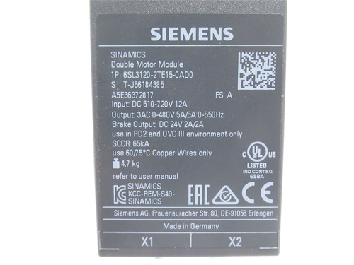 Siemens 6SL3120-2TE15-0AD0; Double Motor Module 600VDC/400VAC