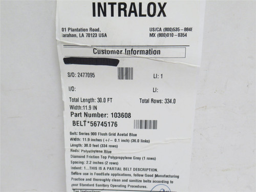 Intralox 10360856745176; Conveyor Belt; 12" Wide x 30' Long