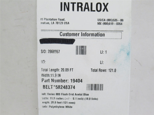 Intralox 1940458248374; Conveyor Belt; 12" Wide x 20' Long