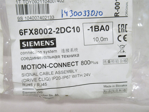 Siemens 6FX8002-2DC10; Pre-Assembled Signal Cable; 10m Long