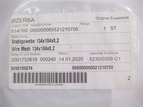 Bizerba 65521210700; Mesh Screen Filter;134mmX104mmX0.2mm