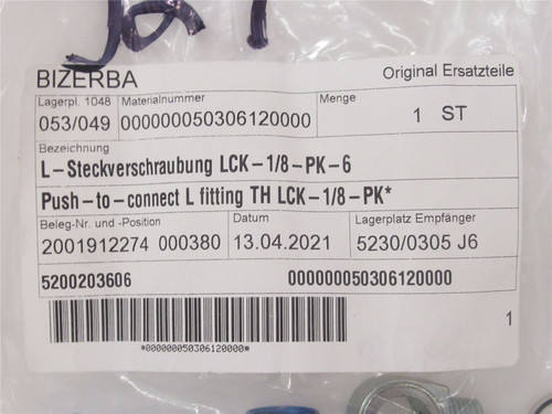 Bizerba 50306120000; Push-To-Connect L Fitting TH LCK-1/8-PK*