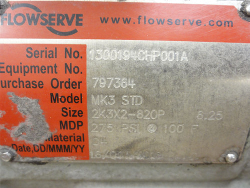 Flowserve MK3-STD-2K3x2-820P; Flanged Process Pump; 3" In; 2" Out