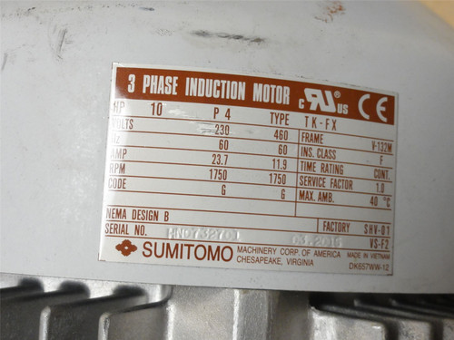 Sumitomo TK-FX; Motor; 10HP; 230/460VAC; 1750RPM; 3PH; 4-Pole
