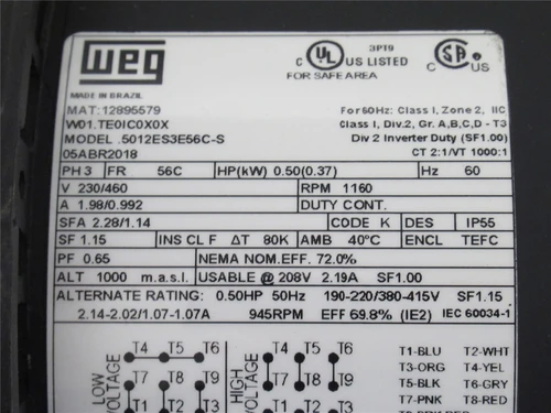 WEG 12895579; AC Motor; 1/2HP; 230/460V; 1160RPM; 3PH; 60Hz