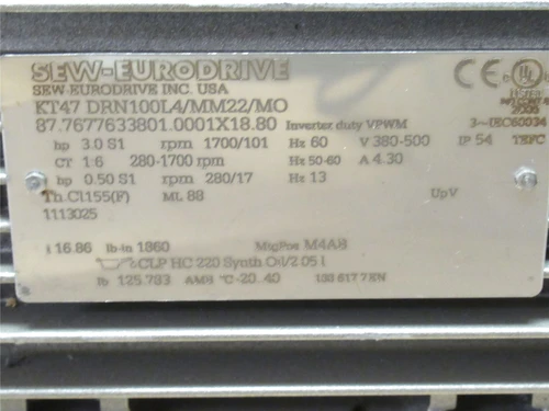SEW KT47DRN100L4/MM22/MO; AC Gearmotor; 16.86:1 Ratio; 1/2HP