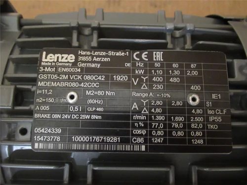 Lenze GST05-2M VCK 080C42; Helical Gear Motor W/Brake; 1.3kW