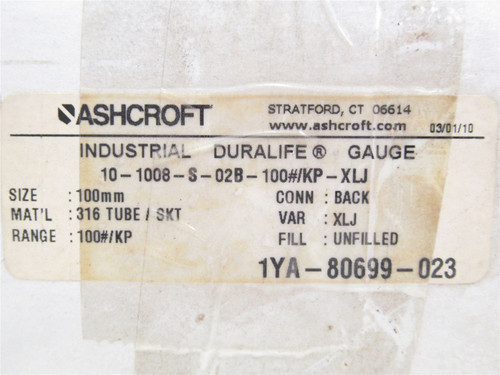 Ashcroft 101008S100; Liquid Fill Pressure Gauge 0-100Psi