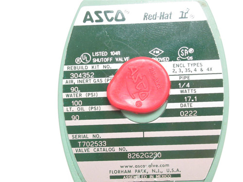 Asco 8262G230; Solenoid Valve; SS; 1/4NPT; 120VAC