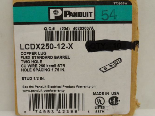 Panduit LCDX250-12-X; Copper Compression Lug 250kcmil 1/2" Stud