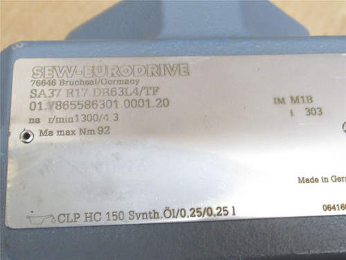 SEW SA37R17DR63L4/TF; AC Gearmotor; 0.25kW; 303:1 Ratio; 460V