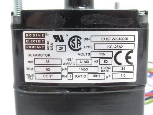 Bodine KCI-23A2; AC Gearmotor 1/450HP; 115V; 30:1 Ratio